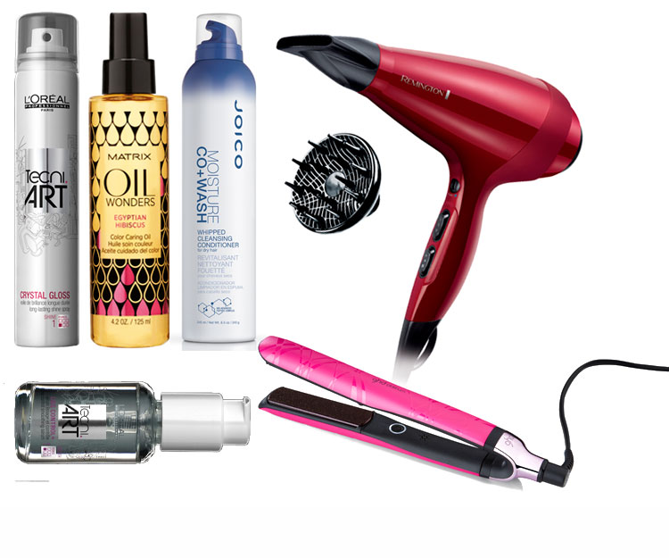 TRY: 1. L’Oréal Professionnel Tecni.Art Crystal Gloss, $35. 2. Matrix Oil Wonders Egyptian Hibiscus Colour Caring Oil, $24. 3. Joico Moisture Co+ Wash Whipped Cleansing Conditioner, $34. 4. Remington Silk Ceramic Hairdryer, $150. 5. L’Oréal Professionnel Tecni.Art Liss Control+ Smoothing Serum, $35. 6. ghd Limited Edition Platinum Electric Pink Styler, $360.