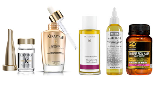 TRY: 1. Kérastase Densifique Hair Density and Fullness Programme, $160. 2. Kérastase Initialiste Advanced Scalp and Hair Concentrate, $70. 3. Dr. Hauschka Strengthening Hair Treatment, $53. 4. Kiehl’s Magic Elixir Hair Restructuring Concentrate, $70. 5. Go Healthy Go Hair Skin Nails Beauty Support (50 capsules), $30.