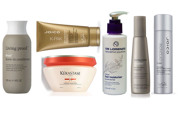 TRY: 1. Living Proof No Frizz Leave-in Conditioner, $40. 2. Joico K-Pak Deep-Penetrating Reconstructor, $33. 3. Kérastase Nutritive Masque Magistral, $65. 4. De Lorenzo Intense Hair Moisturiser, $24. 5. Living Proof Timeless Pre-Shampoo Treatment, $30. 6. Joico IronClad Thermal Protectant Spray, $27.