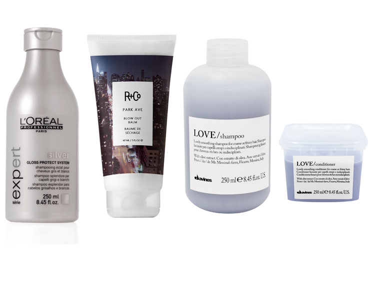 TRY: 1. L’Oréal Professionnel Série Expert Silver Gloss Protect System Shampoo, $30. 2. R+Co Park Ave Blow Out Balm, $47. 3. Davines Love Smoothing Shampoo, $36. 4. Davines Love Smoothing Conditioner, $37.