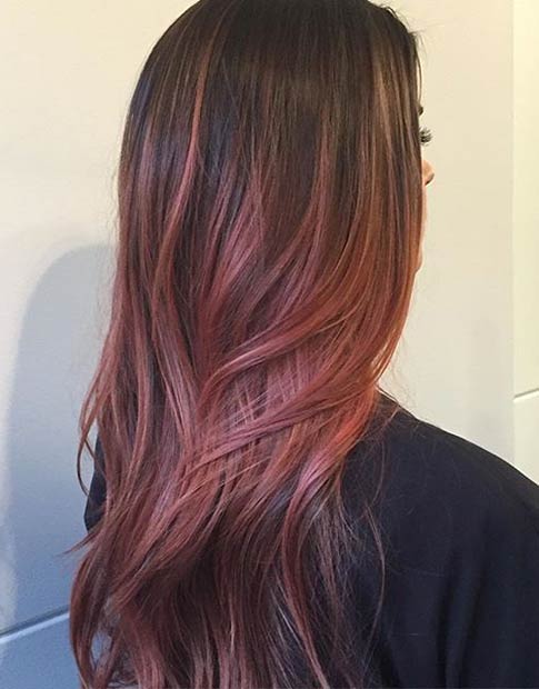 Soft rose red hair balayage hairstyle