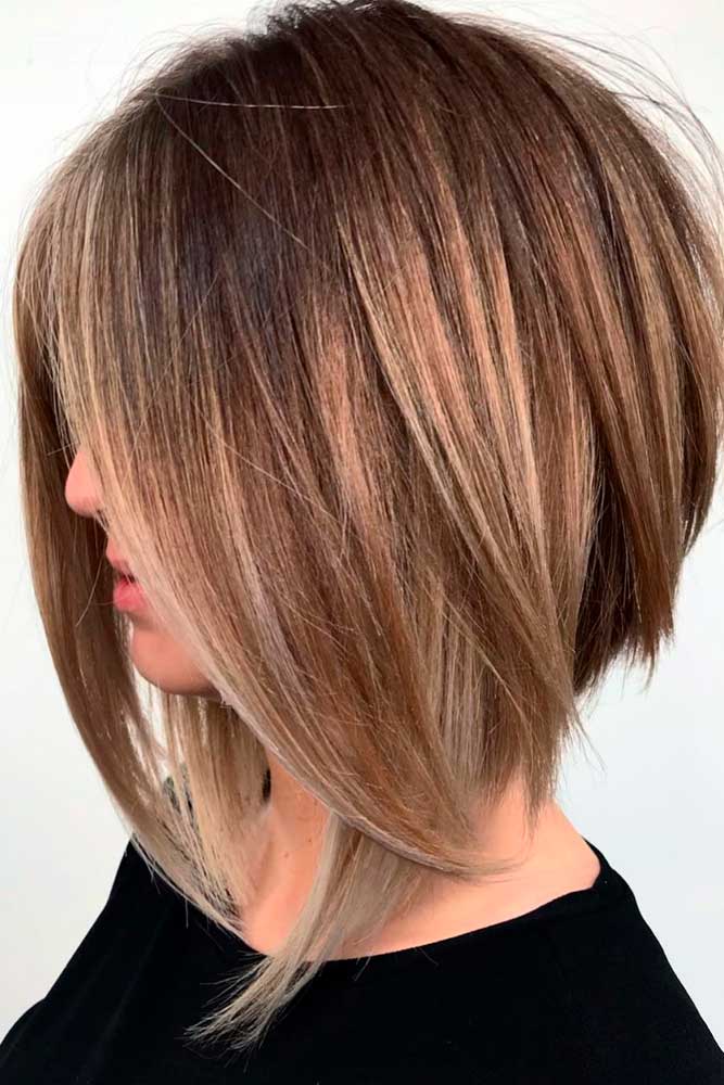 Inverted Long Bob With Swoopy Layers #brownhair #angledbob
