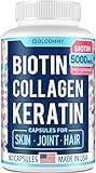 Biotin, Collagen Peptides & Keratin Capsules - Joints, Skin & Hair Vitamins Made in USA - Biotin & Collagen Supplements for Women - Best Collagen Peptides Pills for Hair Care - 60 Capsules