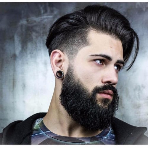 Voluminous Pompadour + Temp Fade + Beard + Dark Hair