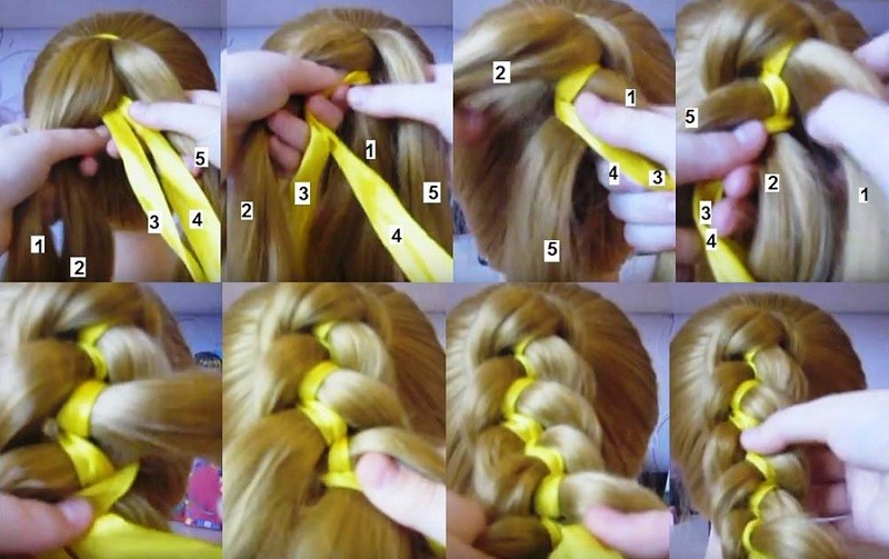 Фото-инструкция как заплести косу из 5 прядей с двумя лентами